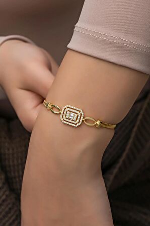 925 Ayar Gümüş Gold Kaplama Balık Sırtı Zincirli Çerçeveli Baget Tektaş Bileklik