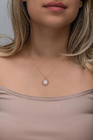 925 Ayar Gümüş Rose Kaplama Zirkon Taşlı Güneş Model Kolye
