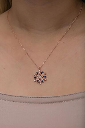 925 Ayar Gümüş Rose Kaplama Mavi Taşlı Kartanesi Kolye
