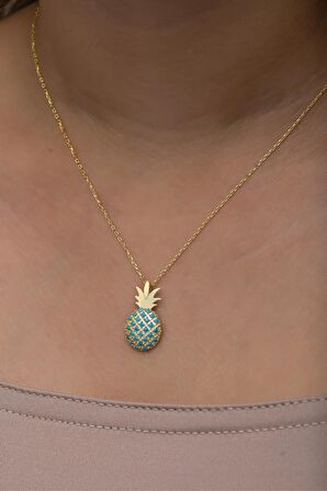 925 Ayar Gümüş Gold Kaplama Turkuaz Taşlı Ananas Kolye