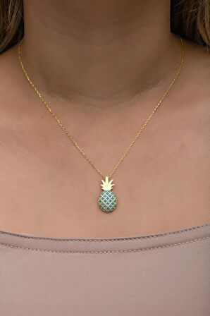 925 Ayar Gümüş Gold Kaplama Turkuaz Taşlı Ananas Kolye