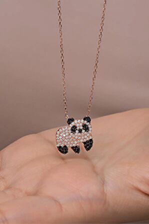 925 Ayar Gümüş Rose Kaplama Zirkon Taşlı Panda Kolye