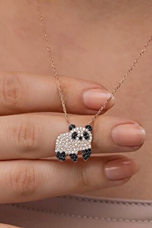 925 Ayar Gümüş Rose Kaplama Zirkon Taşlı Panda Kolye