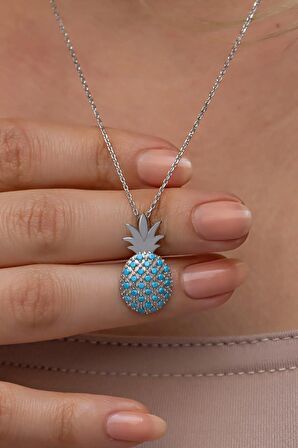 925 Ayar Gümüş Rodyum Kaplama Turkuaz Taşlı Ananas Kolye