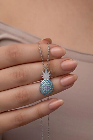 925 Ayar Gümüş Rodyum Kaplama Turkuaz Taşlı Ananas Kolye
