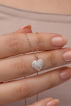 925 Ayar Gümüş Rose Kaplama Zirkon Taşlı Minimal Kalp Kolye