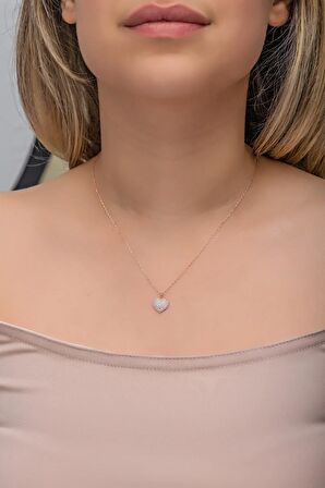 925 Ayar Gümüş Rose Kaplama Zirkon Taşlı Minimal Kalp Kolye