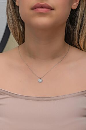 925 Ayar Gümüş Rodyum Kaplama Zirkon Taşlı Minimal Kalp Kolye