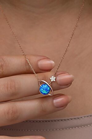 925 Ayar Gümüş Rose Kaplama Mavi Opal Taşlı Gezegen Kolye