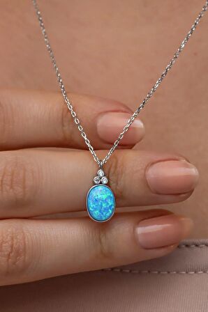 925 Ayar Gümüş Rodyum Kaplama Oval Mavi Opal Taşlı  Kolye