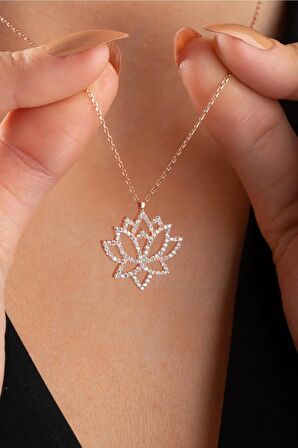 925 Ayar Gümüş Zirkon Taşlı Rose Kaplama Lotus Çiçeği Tasarım Kolye