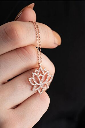 925 Ayar Gümüş Zirkon Taşlı Rose Kaplama Lotus Çiçeği Tasarım Kolye