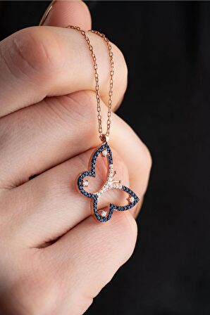 925 Ayar Gümüş Mavi Zirkon Taşlı Işıltılı Kelebek Kolye