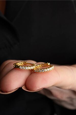 925 Ayar Gümüş Gold Kaplama 15 mm Zirkon Taşlı Tamtur Küpe