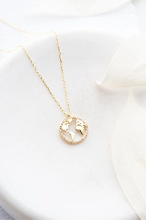 925 Ayar Gümüş Gold Dünya Haritası Tasarım Kolye
