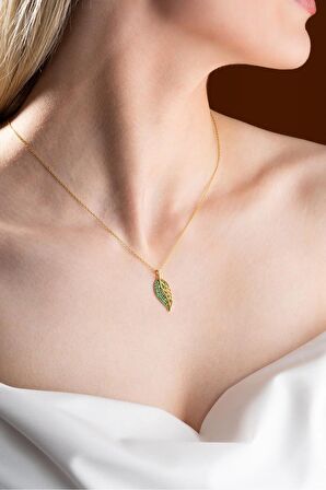 925 Ayar Gümüş Gold Yeşil Zirkon Taşlı Yaprak Tasarım Kolye