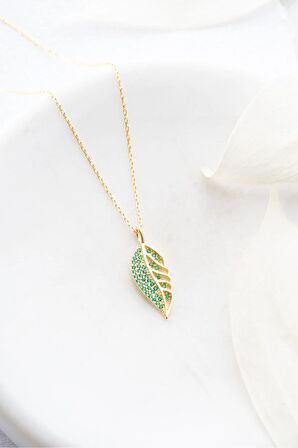 925 Ayar Gümüş Gold Yeşil Zirkon Taşlı Yaprak Tasarım Kolye