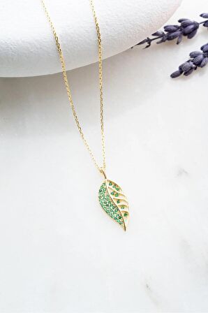 925 Ayar Gümüş Gold Yeşil Zirkon Taşlı Yaprak Tasarım Kolye