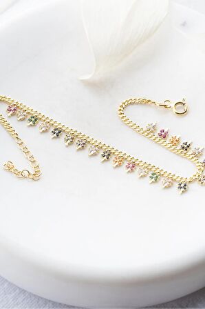 925 Ayar Gümüş Gold Renkli Yonca İnce Gurmet Zincir Bileklik