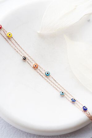 925 Ayar Gümüş Rose Mix Renkli 3 Sıra Zincirli Nazar Göz Bileklik