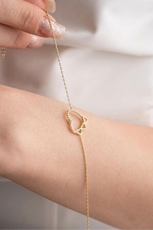 925 Ayar Gümüş Gold 3 Sıra Kalpli Kalp Tasarım Bileklik