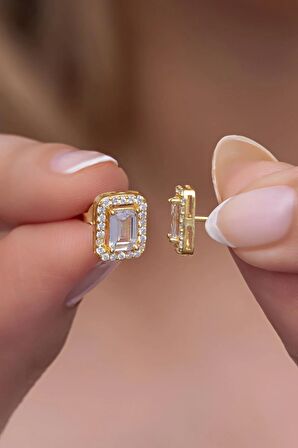 925 Ayar Gümüş Gold Baget Tektaş Model Küpe