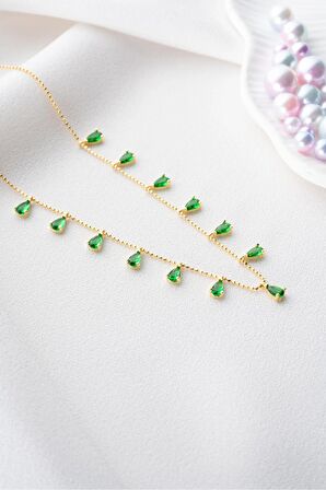 925 Ayar Gümüş Gold Sıralı Damla Yeşil Zirkon Taşlı Kolye