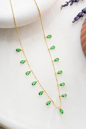 925 Ayar Gümüş Gold Sıralı Damla Yeşil Zirkon Taşlı Kolye