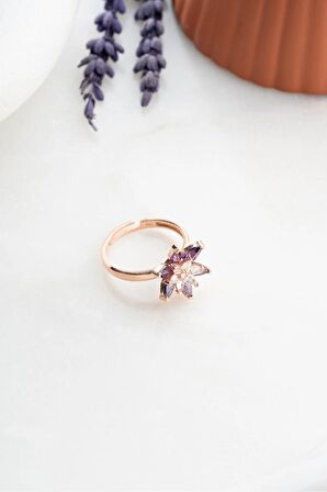 925 Ayar Gümüş Ayarlanabilir Rose Mor ve Beyaz Taşlı Lotus Çiçeği Yüzük