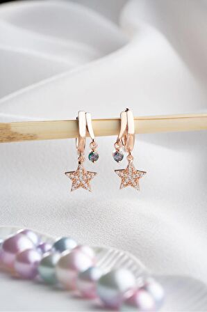 925 Ayar Gümüş Rose Mistik Topaz Taşlı 12 mm Yıldız Küpe