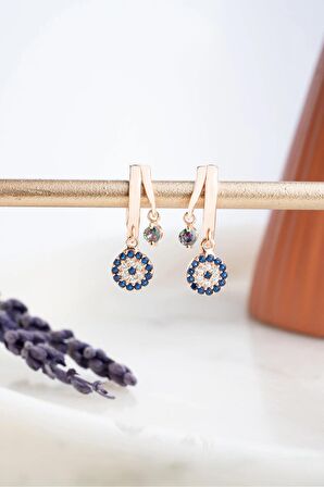 925 Ayar Gümüş Rose Mistik Topaz Taşlı 12 mm Nazar Küpe