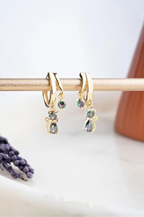 925 Ayar Gümüş Gold Mistik Topaz Taşlı 12 mm Kedi Küpe