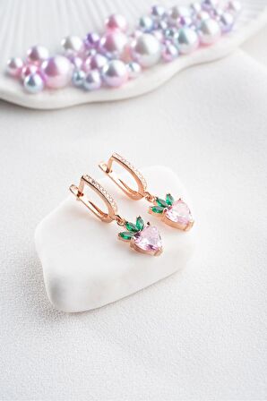 925 Ayar Gümüş Rose Kaplama Sallantılı Pembe Taşlı Çilek Küpe