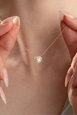 925 Ayar Gümüş Gold Kaplama Beyaz Taşlı Kalp Kolye