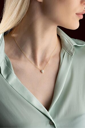 925 Ayar Gümüş Gold Kaplama Beyaz Taşlı Kalp Kolye