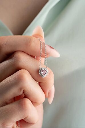 925 Ayar Gümüş Rodyum Kaplama Pembe Taşlı Kalp Kolye