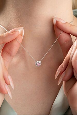925 Ayar Gümüş Rodyum Kaplama Pembe Taşlı Kalp Kolye