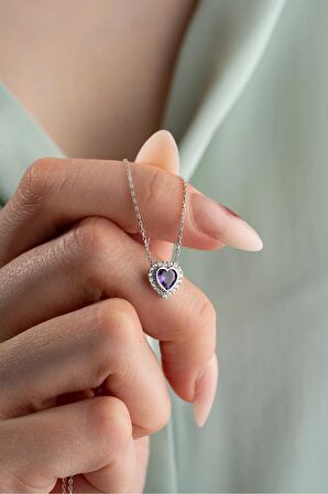 925 Ayar Gümüş Rodyum Kaplama Mor Taşlı Kalp Kolye