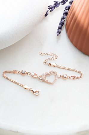 925 Ayar Gümüş Rose Tektaş Sonsuzluk Kalp Bileklik