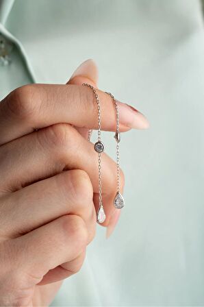 925 Ayar Gümüş Rodyum Kaplama Zirkon Taşlı Damla Zincir Küpe