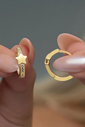 925 Ayar Gümüş Gold Kaplama Yıldız Detay 15 mm Halka Küpe
