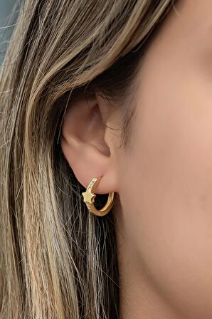 925 Ayar Gümüş Gold Kaplama Yıldız Detay 15 mm Halka Küpe