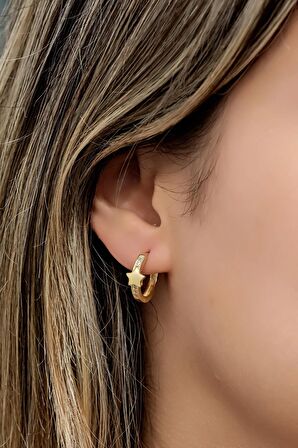 925 Ayar Gümüş Gold Kaplama Yıldız Detay 15 mm Halka Küpe
