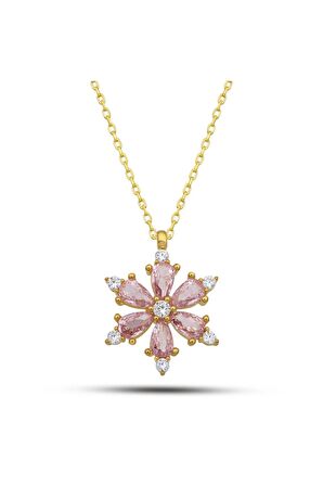 925 Ayar Gümüş Gold Kaplama Pembe Taşlı Kamelya Çiçeği Kolye