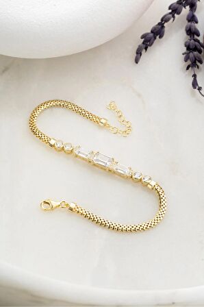 925 Ayar Gümüş Gold Kaplama Balık Sırtı Zincirli 3 Baget Taşlı Bileklik 