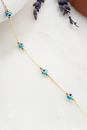 925 Ayar Gümüş Gold Kaplama 5'Lü Minik Nazar  Bileklik 