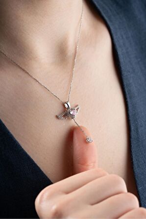 925 Ayar Gümüş Rodyumlu Hareketli Pembe Taşlı Kanatlı Kalp Kolye