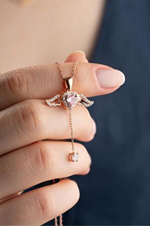 925 Ayar Gümüş Rose Kaplama Hareketli Pembe Taşlı Kanatlı Kalp Kolye