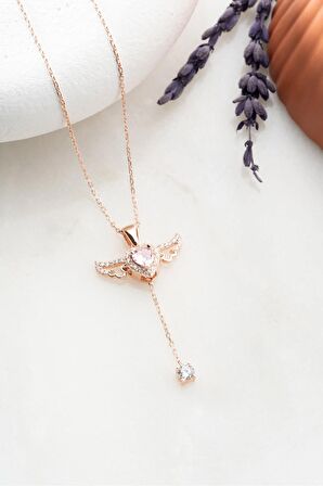 925 Ayar Gümüş Rose Kaplama Hareketli Pembe Taşlı Kanatlı Kalp Kolye