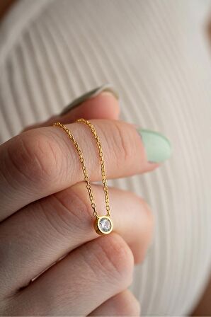 925 Ayar Gümüş Gold Kaplama Minimal 5 mm Tektaş Kolye